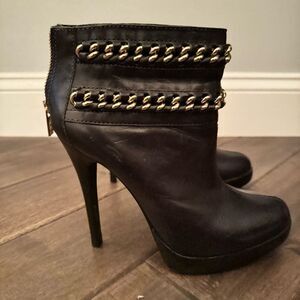 Tory Burch Black Leather Lysa High Heel Chain Platform Ankle Booties 8.5